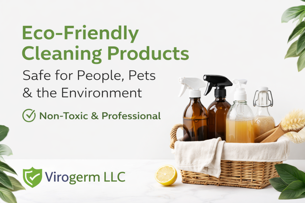 Eco-friendly cleaning products used by Virogerm LLC for professional deep cleaning services