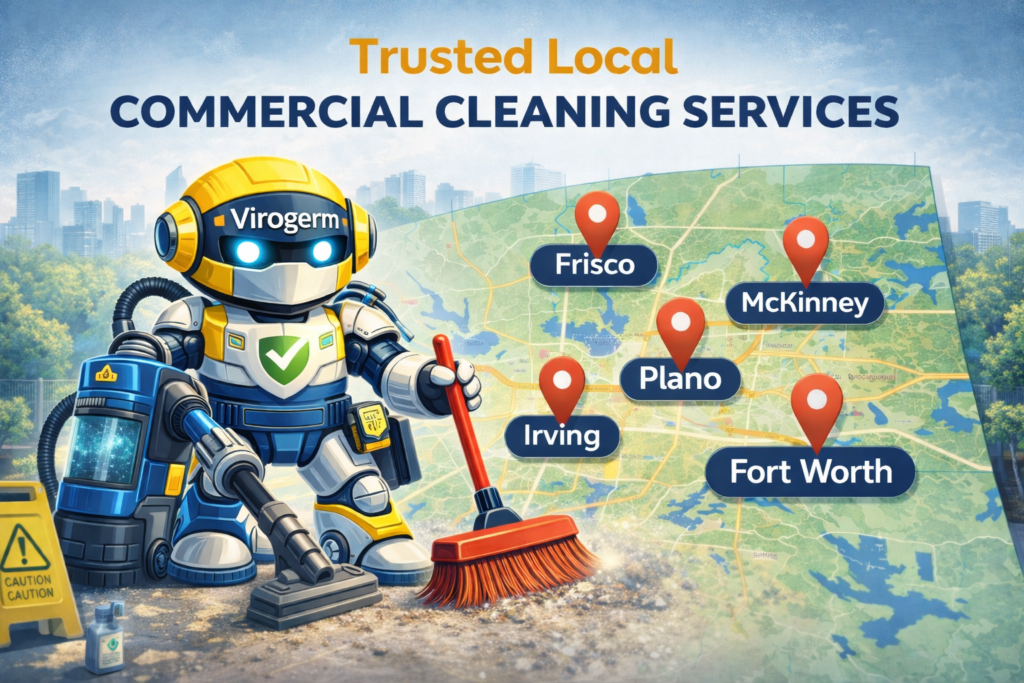 Commercial cleaning services across Texas with Virogerm LLC serving Plano, Frisco, McKinney, Irving, and Fort Worth